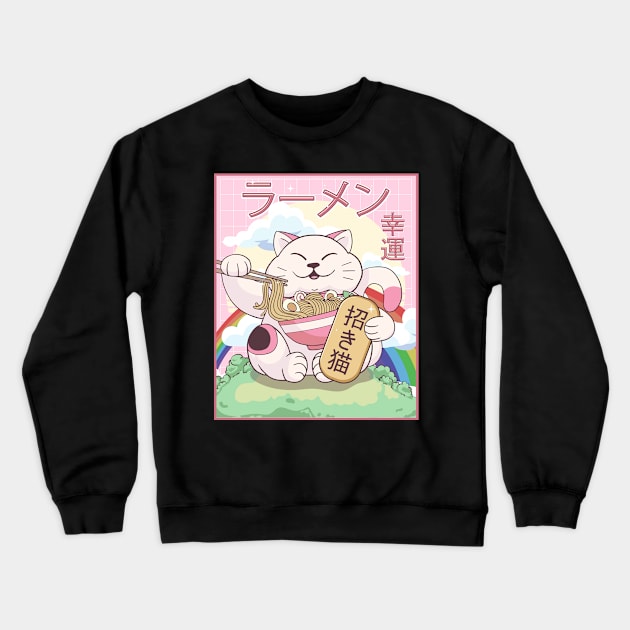 Kawaii Maneki Neko Cat Ramen Noodles Japanese Aesthetic Gift Crewneck Sweatshirt by Alex21